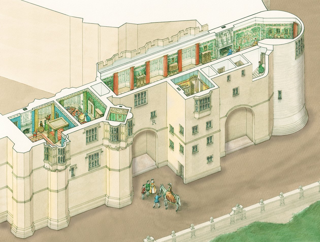 Kuningatar Elisabet I:n pohjoinen galleria Windsorin linnassa, Berkshire, noin 1578-1603 (tussi ja akvarelli). tekijältä Stephen Conlin