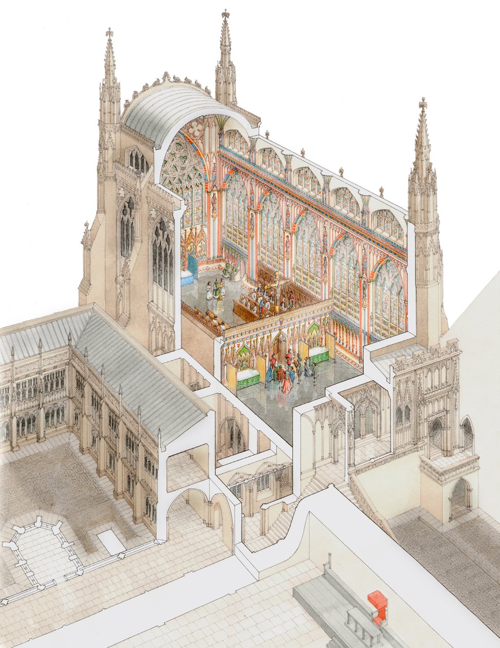 Pyhän Tapanin kappeli, Westminster, matala kirkkorakennus, noin 1520-1530 (piirretty 2015) (tussi ja akvarelli) (tussi ja akvarelli) tekijältä Stephen Conlin