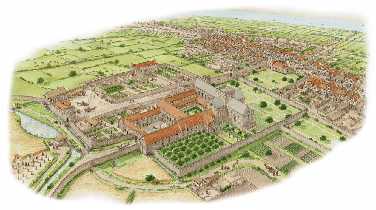 Pyhän Tuomaksen luostari, Dublin, noin 1475-1525 (tussi ja akvarelli). tekijältä Stephen Conlin