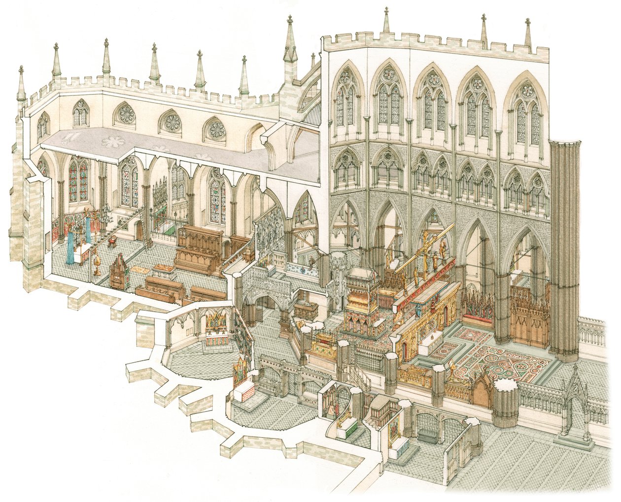Westminster Abbeyn itäpääty vähän ennen uskonpuhdistusta, noin 1500-1525 (tussi ja akvarelli). tekijältä Stephen Conlin