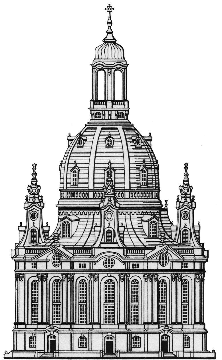 Frauenkirche, Dresden, n.1730-2023 (piirretty 1994) (muste) (piirros) tekijältä Stephen Conlin
