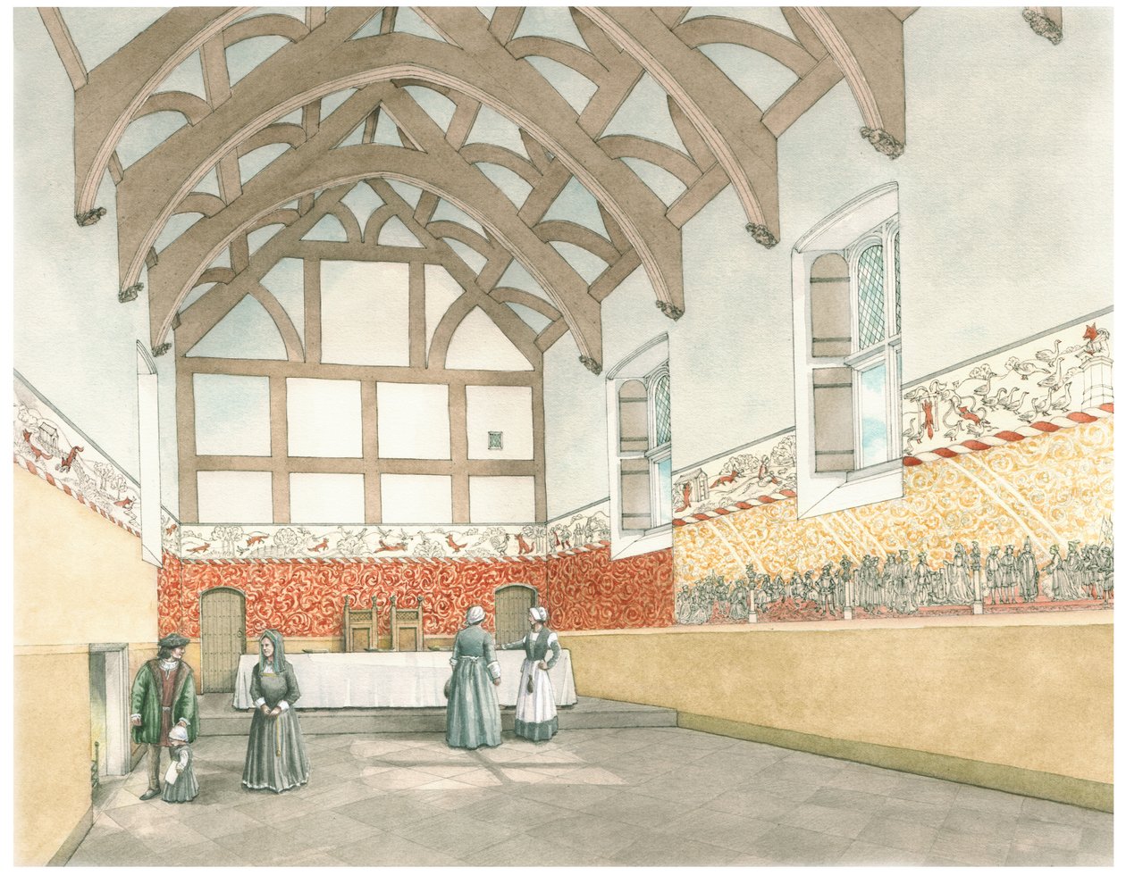 The Great Hall of Cothay Manor, Near Wellington,Somerset, 2016 (tussi ja akvarelli) tekijältä Stephen Conlin