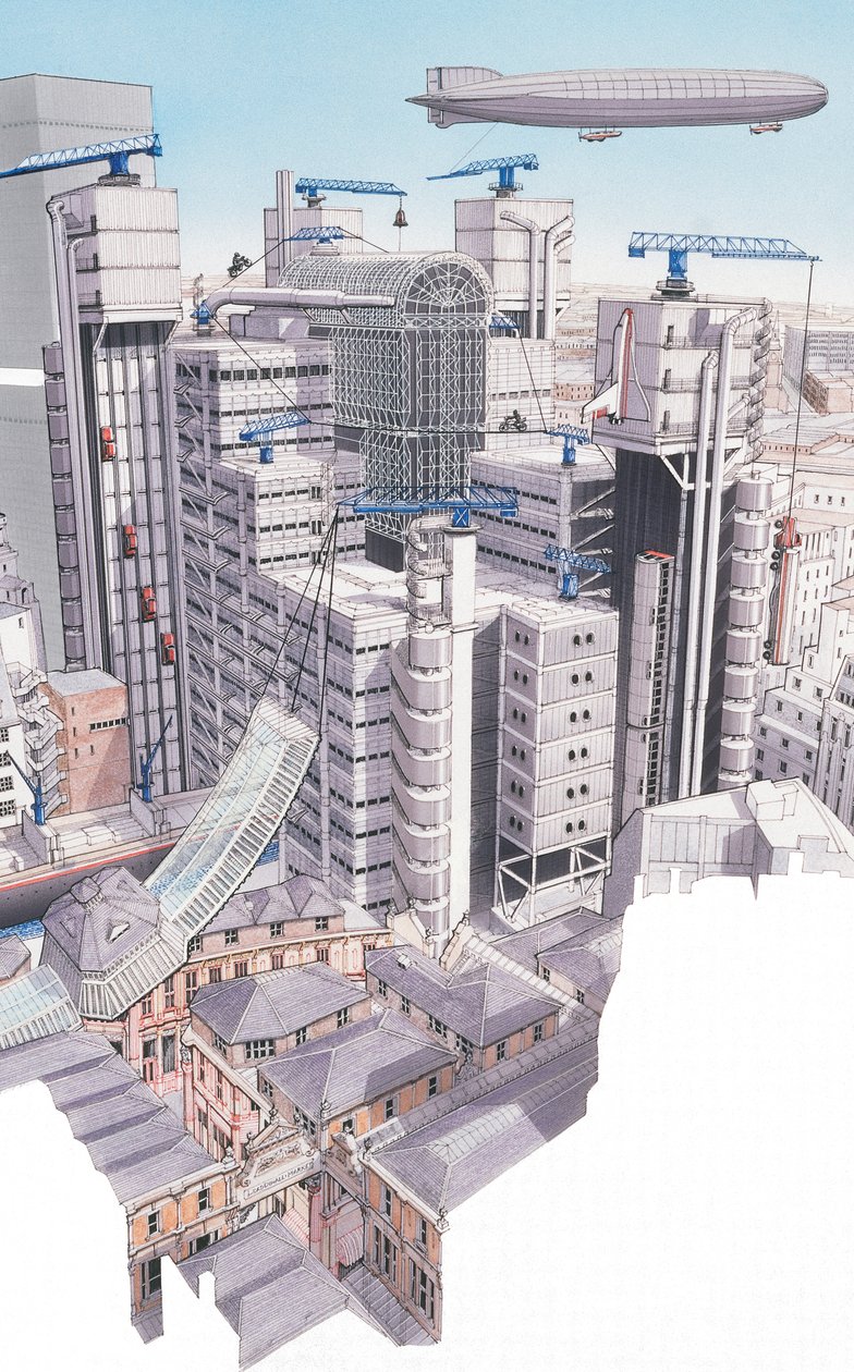 Lloyds Building, Lontoon kaupunki, noin 1987-1995 (tussi ja akvarelli). tekijältä Stephen Conlin