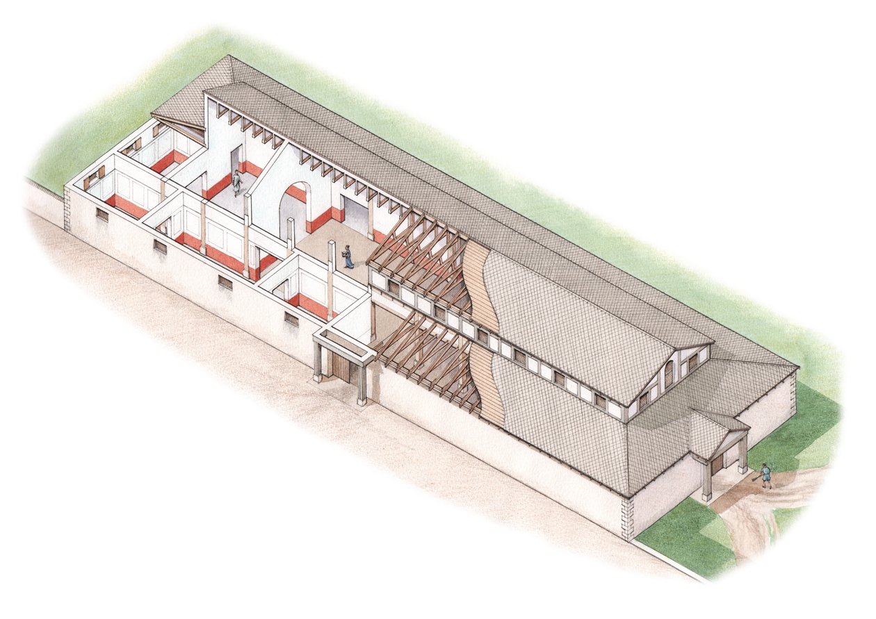 The North Range, Brading Roman Villa, Isle of Wight (piirretty 2012), noin 200-250 (tussi ja akvarelli) tekijältä Stephen Conlin