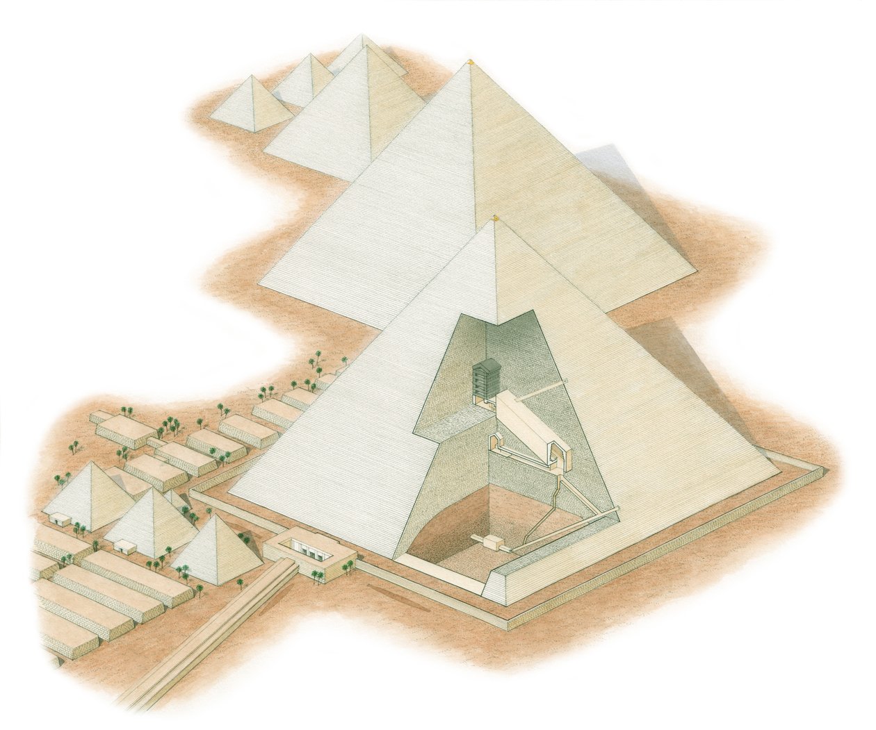 Gizan pyramidit, Egypti, n. 2560 eKr.-2200 eKr. (tussi, airbrush, vesiväri) tekijältä Stephen Conlin