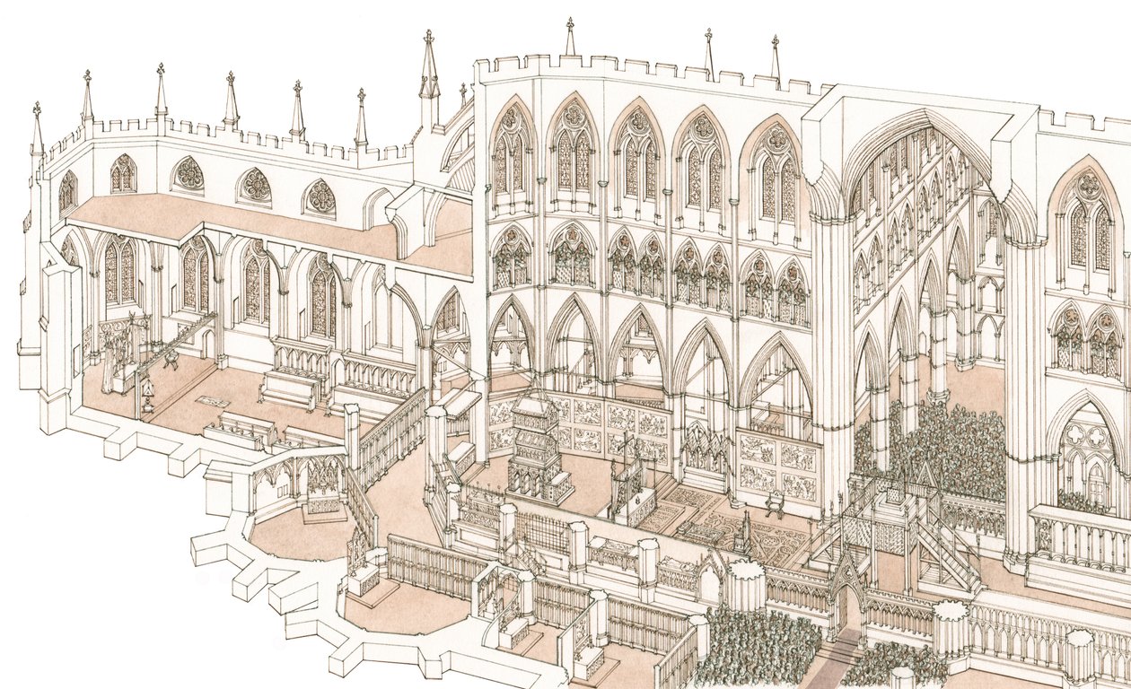 Westminster Abbeyn kappeli kuningas Henrik IV:n kruunajaisten aikaan vuonna 1399, 2023 (tussi ja akvarelli). tekijältä Stephen Conlin