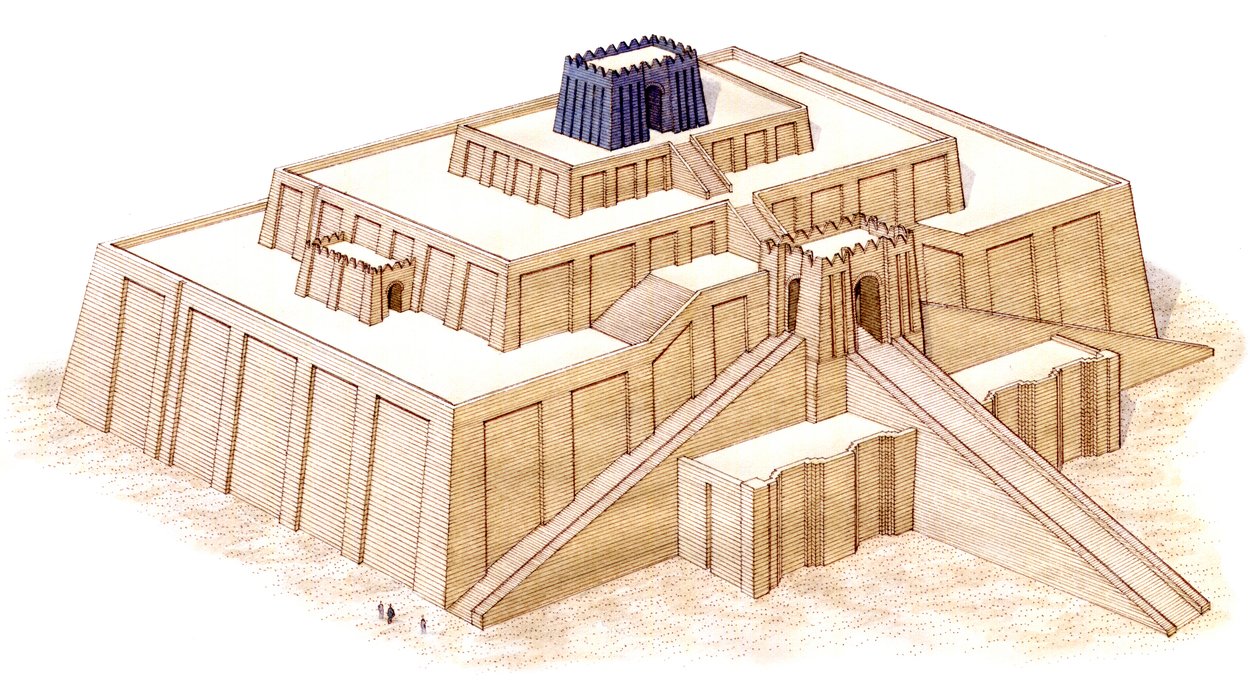 Ziggurat Urissa, oletettu 6. vuosisadan eKr. restaurointi (tussi ja akvarelli). tekijältä Stephen Conlin