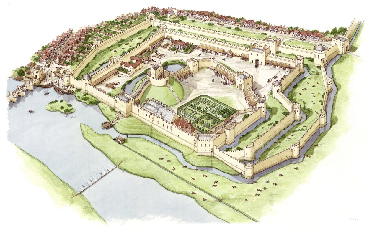 Wallingfordin linna, Oxfordshire, noin 1300-1399 (tussi ja akvarelli). tekijältä Stephen Conlin