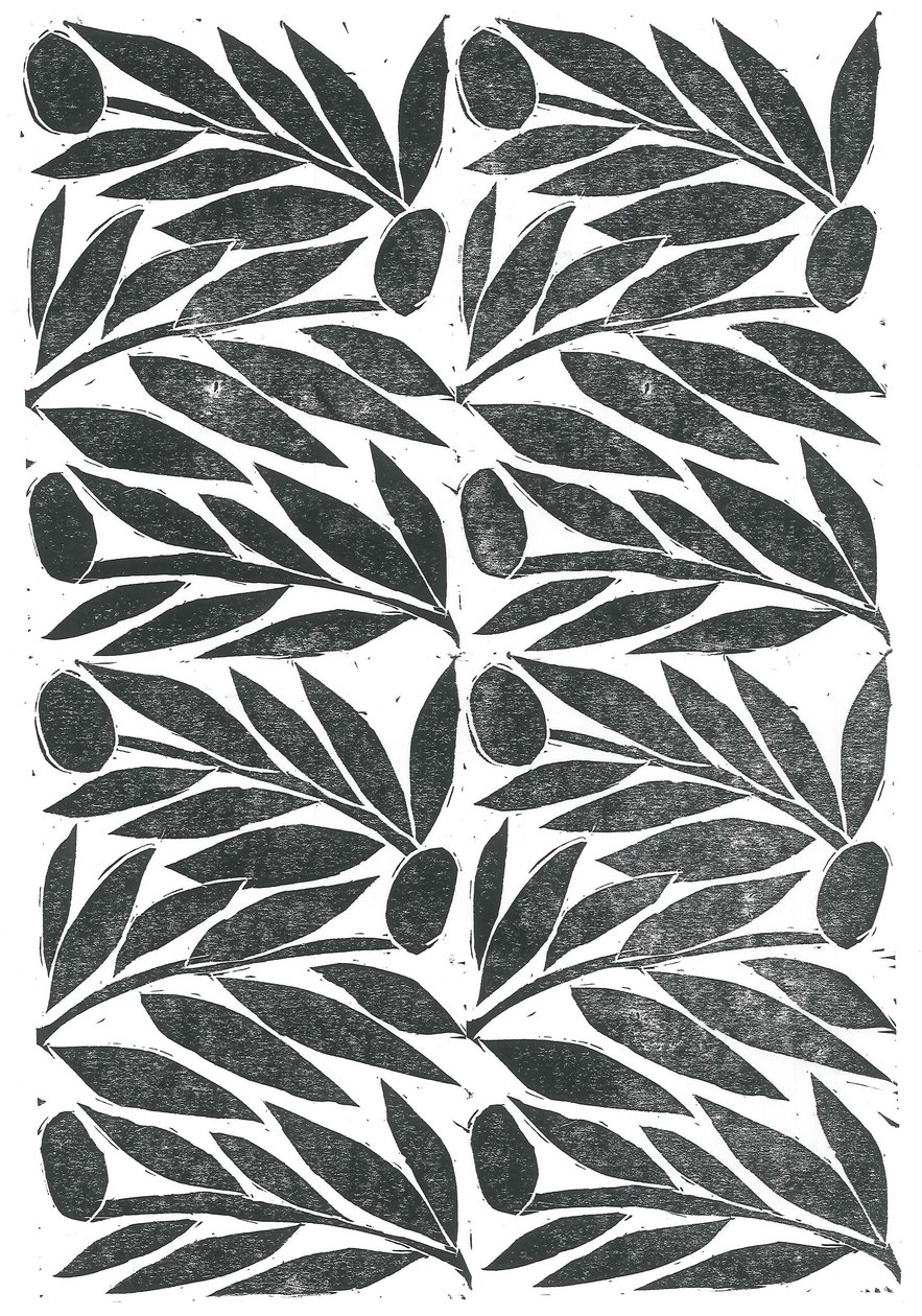 Oliivin oksat, 2015 (linoleikkaus paperille) tekijältä Stephen Dow