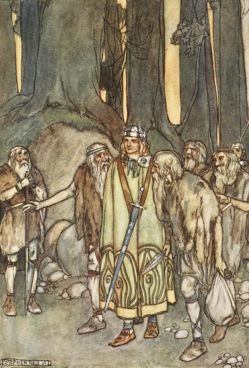 Ja sinä iltana juhlittiin ja nautittiin yksinäisessä mökissä, kuva T.W.:n teoksesta The High Deeds of Finn, and other Bardic Romances of Ancient Ireland. Rolleston (väri litho) tekijältä Stephen Reid