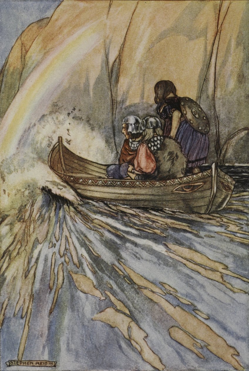 "Kanna meidät nopeasti, Mananan-vene, Hesperides-puutarhaan, kuva T.W. Rolleston (väri litho) tekijältä Stephen Reid
