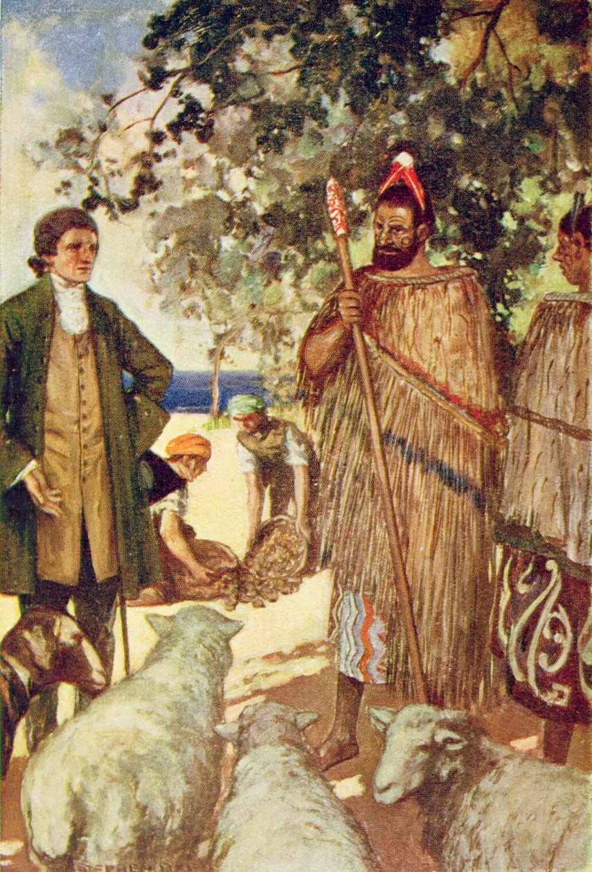 Kapteeni Cook (1728-79) esittelee alkuasukkaille lampaita ja vuohia, kuvituksen T.C.:n teoksesta The Book of Discovery. Sillat, julkaistu 1931 (värilitho) tekijältä Stephen Reid