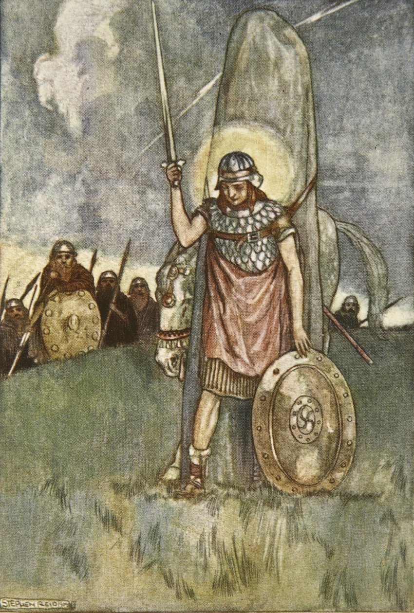 Cuchulain kuolee vihdoinkin, kuva Eleanor Hullin (1860-1935) teoksesta "Cuchulain, The Hound of Ulster" tekijältä Stephen Reid