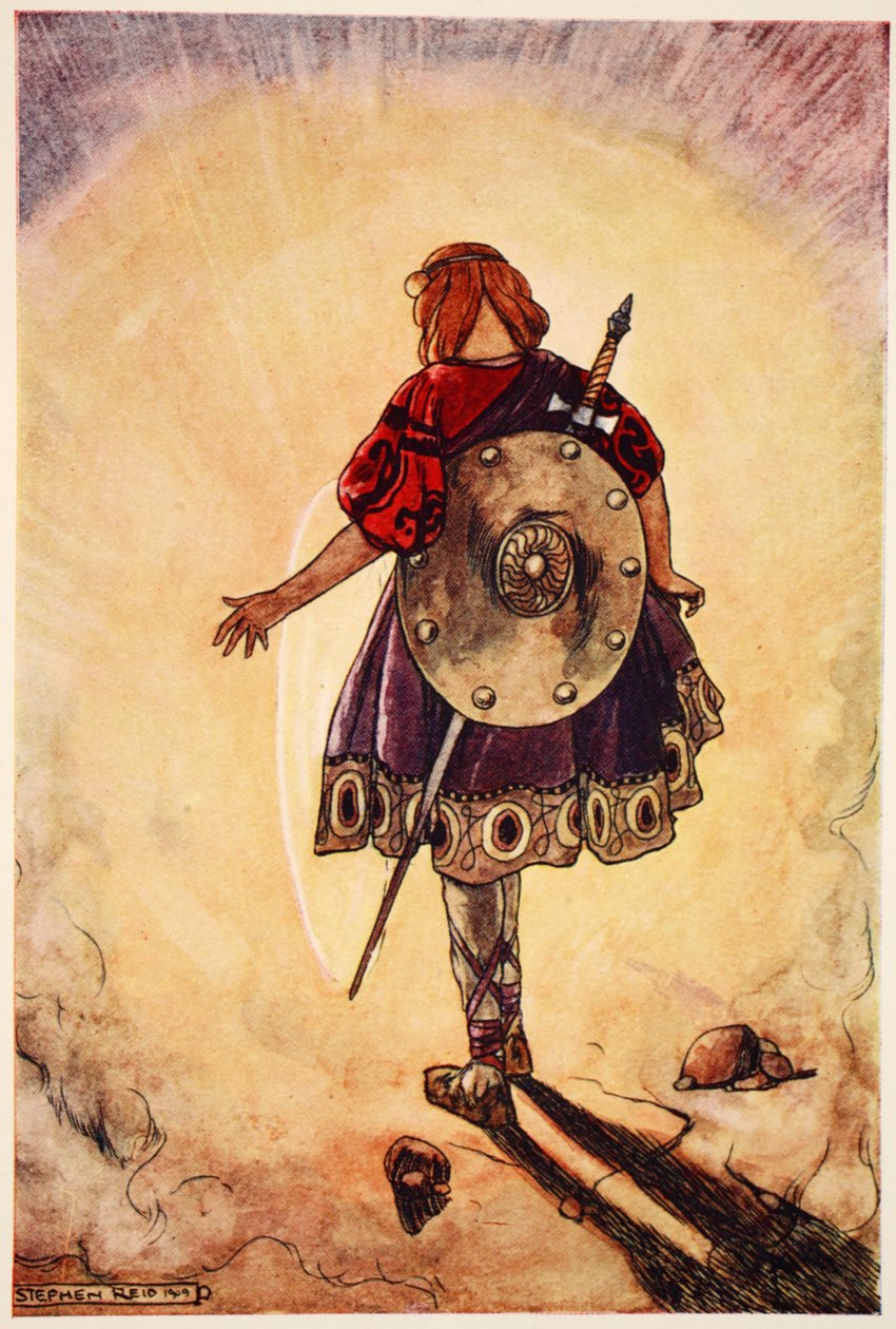 Cuchulain seuraa Shining Wheeliä, kuvitus Eleanor Hullin (1860-1935) teoksesta "Cuchulain, The Hound of Ulster" tekijältä Stephen Reid