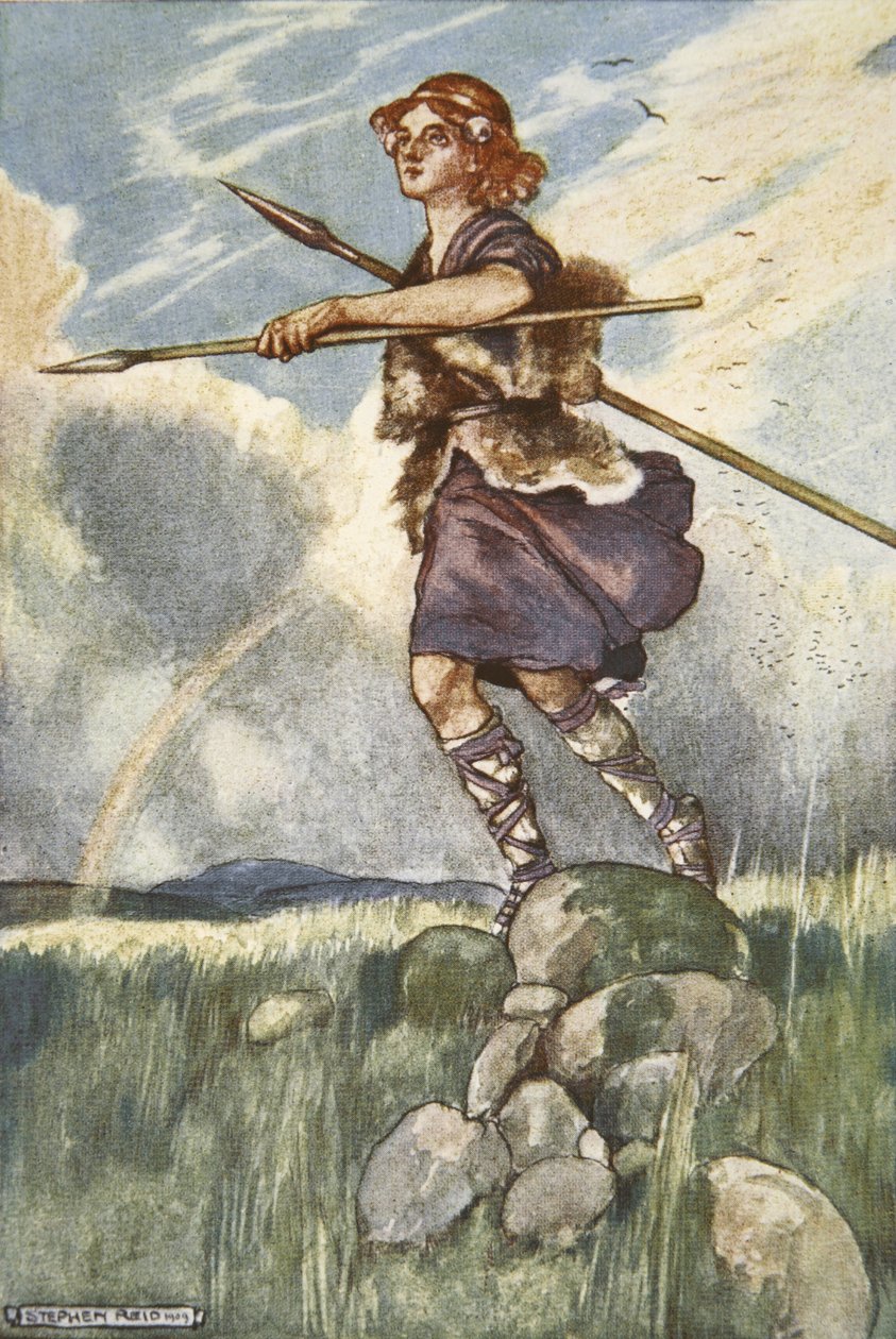 Cuchulain lähtee Emain Machaan, kuvitus Eleanor Hullin (1860-1935) teoksesta "Cuchulain, The Hound of Ulster" tekijältä Stephen Reid