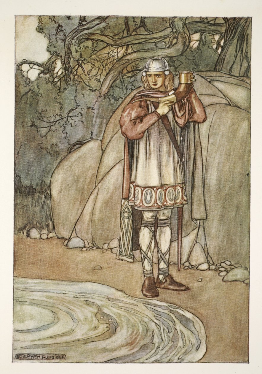 Dermot otti sarven ja olisi täyttänyt sen, esimerkki T.W. Rolleston (väri litho) tekijältä Stephen Reid