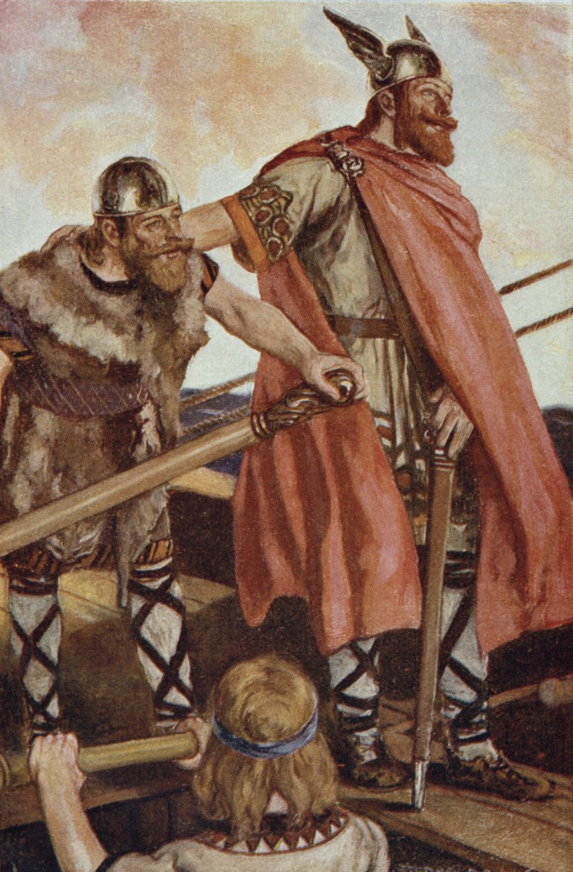 Erik Punainen (950-1003/04) purjehtii Grönlantiin, kuvitus T.C.:n teoksesta The Book of Discovery. Sillat, julkaistu 1931 (värilitho) tekijältä Stephen Reid