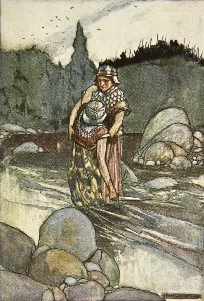 Ferdia kaatuu Cuchulainin kädestä, kuvitus Eleanor Hullin (1860-1935) teoksesta "Cuchulain, The Hound of Ulster" tekijältä Stephen Reid