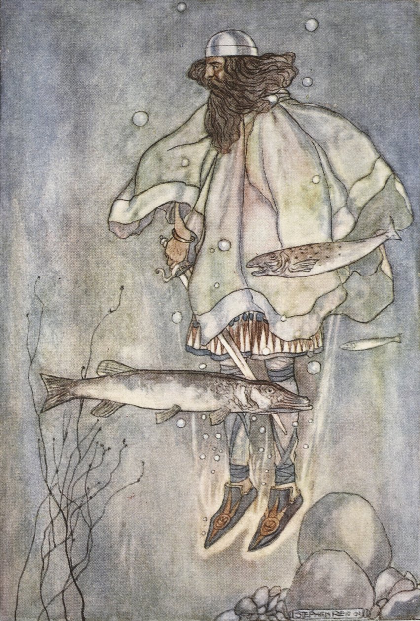 Fergus laskeutuu järveen, kuva T.W.:n teoksesta The High Deeds of Finn, and other Bardic Romances of Ancient Ireland. Rolleston (väri litho) tekijältä Stephen Reid
