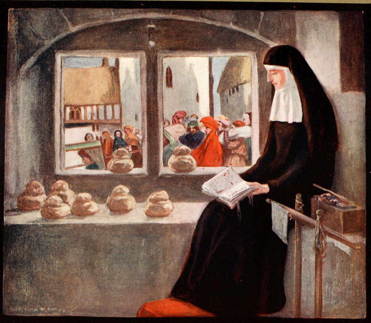 Lady Julian of Norwich, kuvitus Winifred M. Lettsin teoksesta "The Mighty Army", pub. 1912 (väri litho) tekijältä Stephen Reid