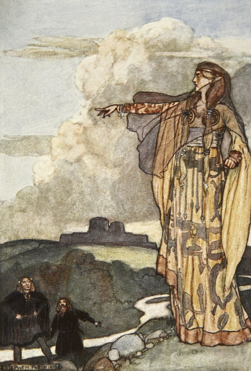 Macha kiroaa Ulsterin miehiä, kuvitus Eleanor Hullin (1860-1935) teoksesta "Cuchulain, The Hound of Ulster" tekijältä Stephen Reid