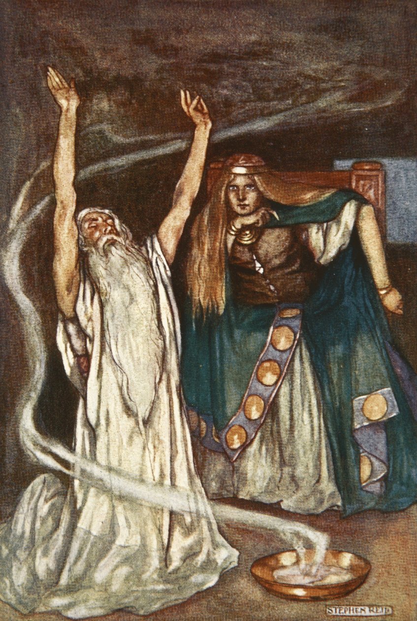 Kuningatar Maeve ja druidi, kuvitus Eleanor Hullin (1860-1935) teoksesta "Cuchulain, The Hound of Ulster" tekijältä Stephen Reid