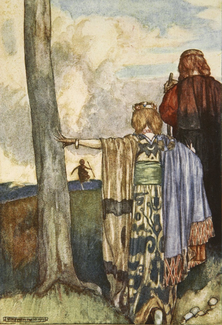 Kuningatar Maeve tapaa Cuchulainin, kuvitus Eleanor Hullin (1860-1935) teoksesta "Cuchulain, The Hound of Ulster" tekijältä Stephen Reid