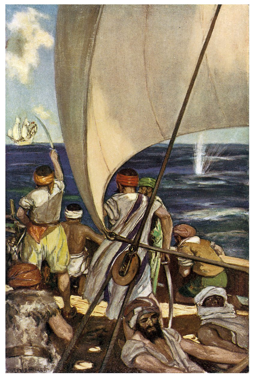 Esitys barbaarisista merirosvoista Välimerellä Stephen Reidin (1873-1948) kuvitus Henry Gilbertin "The Boy