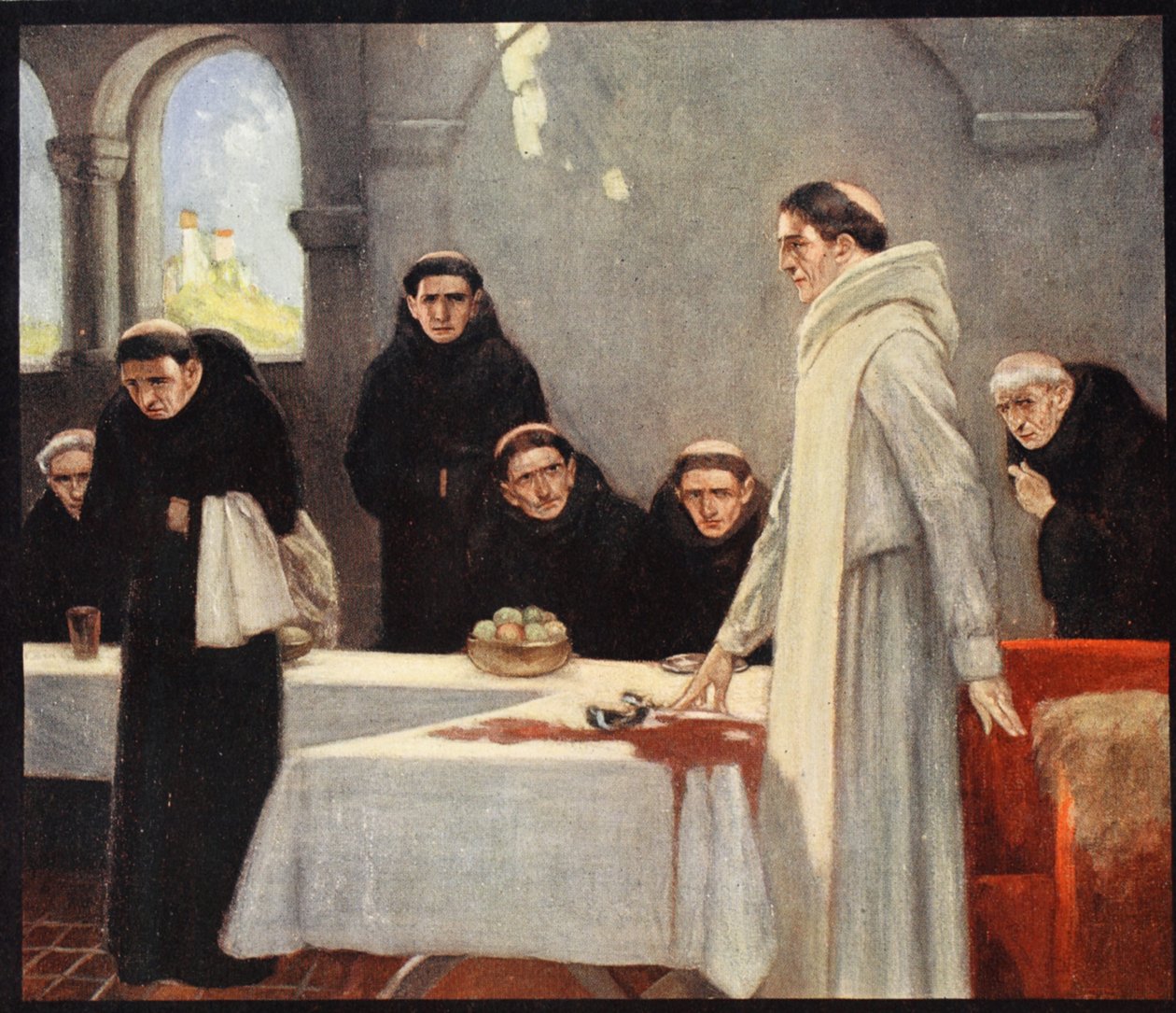 Saint Benedict and the Monks, kuvitus teoksesta "Helmet & Cowl: Stories of Monastic and Military Orders" W.M. Letts ja M.F.S. Letts tekijältä Stephen Reid