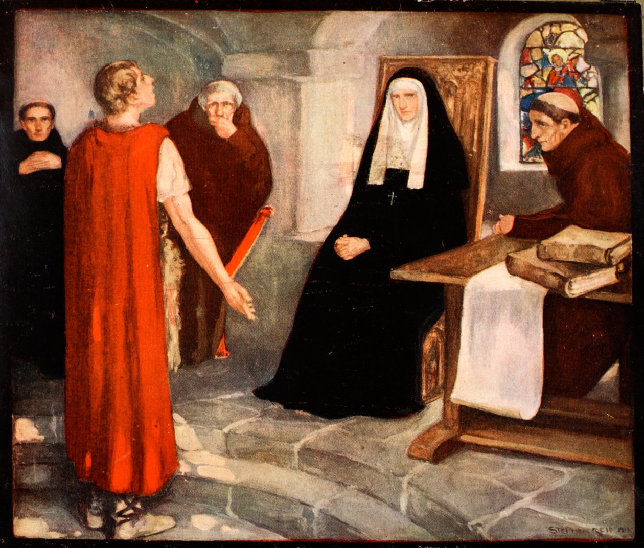 Saint Hilda of Whitby, kuvitus Winifred M. Lettsin teoksesta "The Mighty Army", pub. 1912 (väri litho) tekijältä Stephen Reid