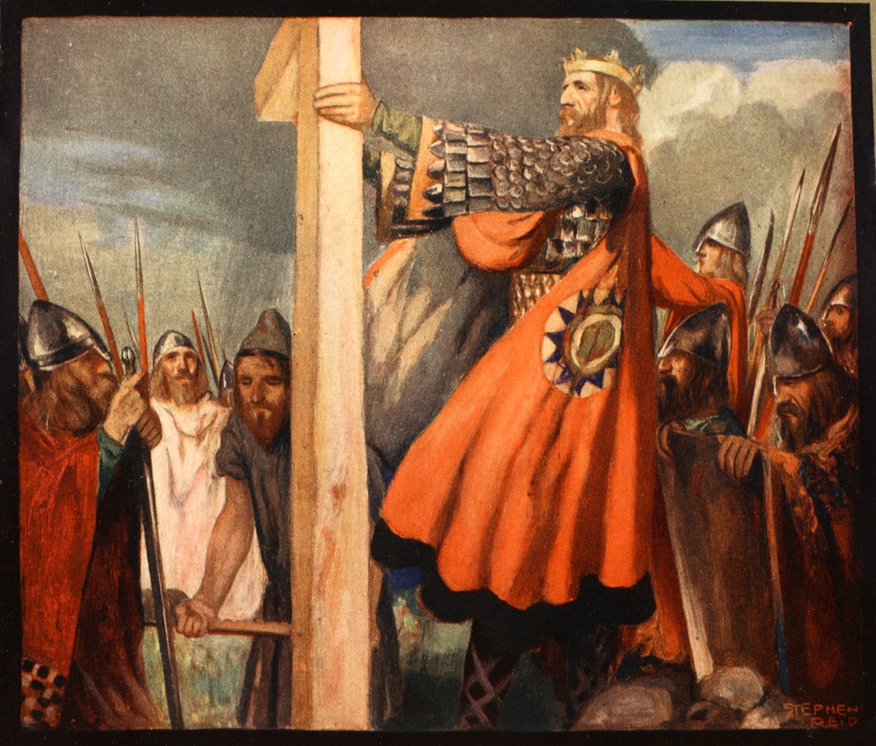 Saint Oswald, kuvitus Winifred M. Lettsin teoksesta "The Mighty Army", pub. 1912 (väri litho) tekijältä Stephen Reid