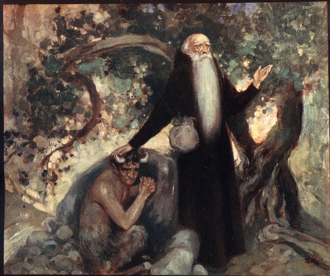 St Anthony and the Satyr, kuvitus teoksesta "Helmet & Cowl: Stories of Monastic and Military Orders" W.M. Letts ja M.F.S. Letts tekijältä Stephen Reid
