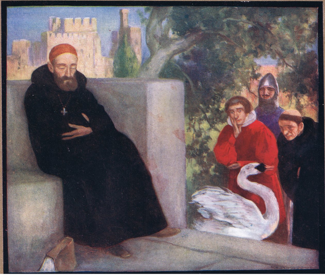 St Hugh of Lincoln ja joutsen (väri litho) tekijältä Stephen Reid