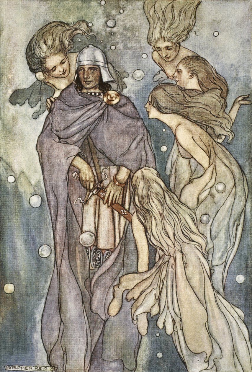 Siellä asuivat punatukkaiset valtamerenymfit, kuvitus T.W. Rolleston (väri litho) tekijältä Stephen Reid
