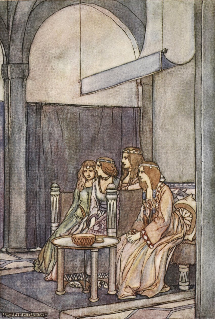 Siellä istuivat kolme tyttöä kuningattaren kanssa, kuvitus T.W.:n teoksesta The High Deeds of Finn, and other Bardic Romances of Ancient Ireland Rolleston (väri litho) tekijältä Stephen Reid