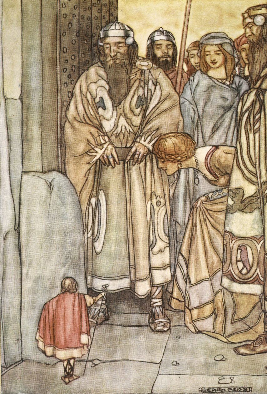 He kaikki, herrat ja naiset, lähtivät katsomaan pikkumiestä, kuvitusta T.W.:n teoksesta The High Deeds of Finn, and other Bardic Romances of Ancient Ireland Rolleston (väri litho) tekijältä Stephen Reid