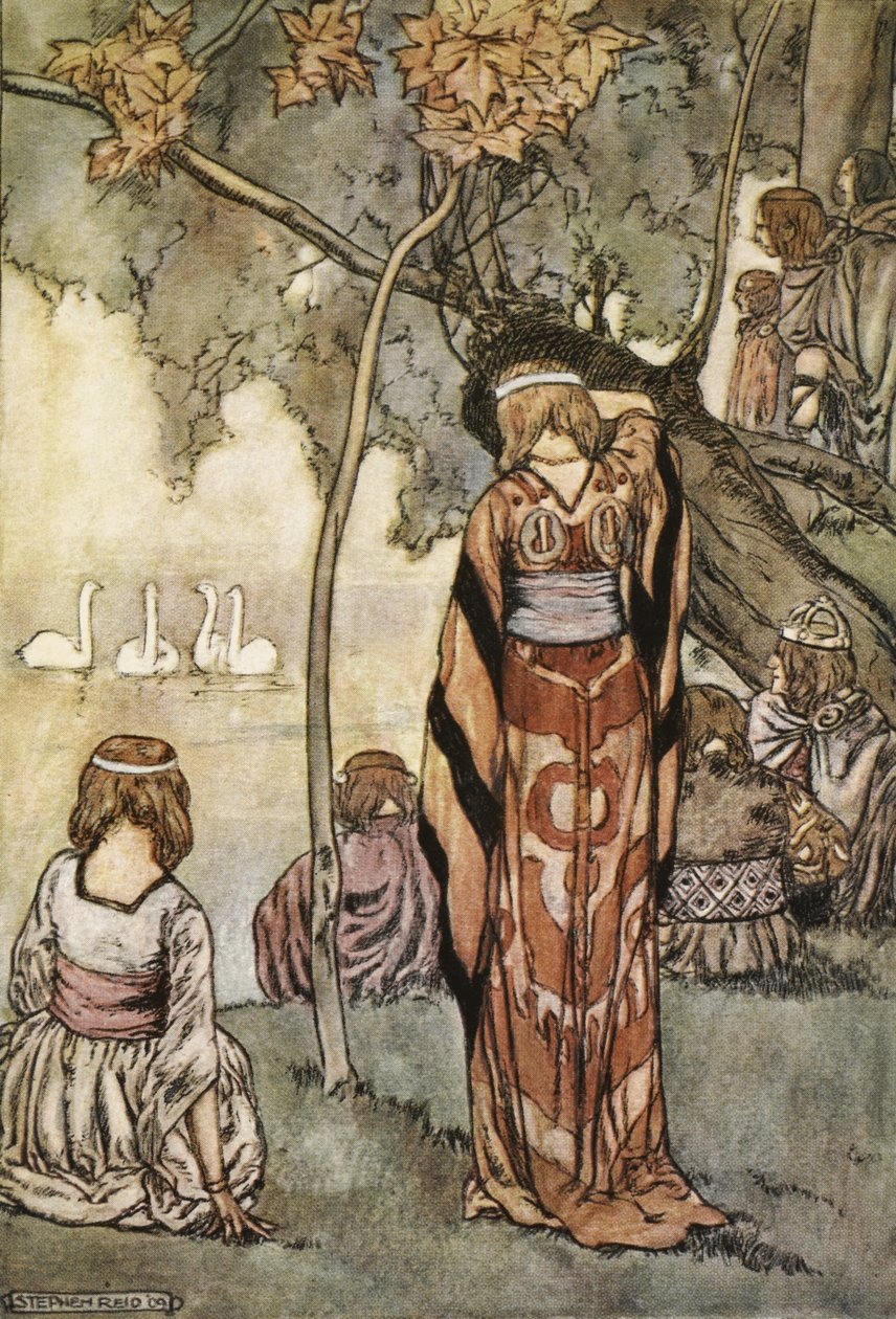 He tekivät leirin ja joutsenet lauloivat heille, kuva T.W.:n teoksesta The High Deeds of Finn, and other Bardic Romances of Ancient Ireland. Rolleston (väri litho) tekijältä Stephen Reid