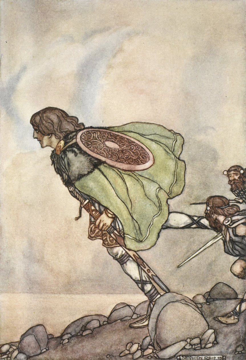He juoksivat häntä mäkeä ja lentokonetta pitkin, kuva T.W.:n teoksesta The High Deeds of Finn, and other Bardic Romances of Ancient Ireland. Rolleston (väri litho) tekijältä Stephen Reid