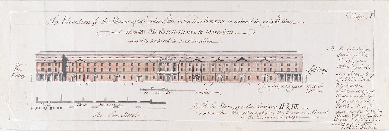Suunnitelma suunnitellun kadun molemmilla puolilla sijaitseville taloille, jotka ulottuvat oikealla linjalla Mansion-Housesta More-Geteen, jota ehdotettiin nöyrästi harkittavaksi, 1762 (wc kynän päällä ja grafiitti paperille) tekijältä Stephen Riou