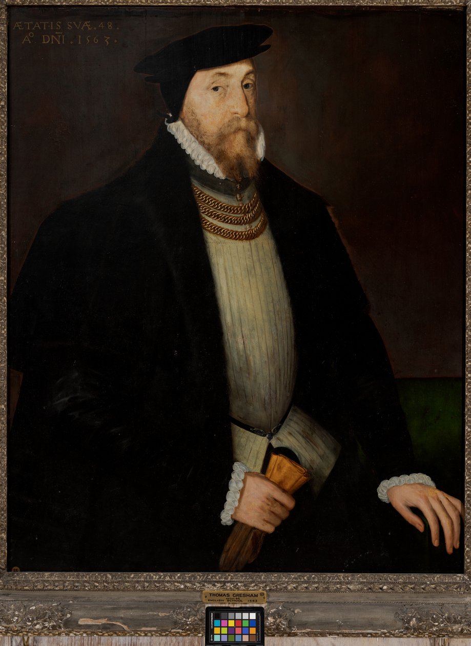Sir Thomas Gresham (n. 1518-1579), n. 1518-1579 (öljy paneelille) tekijältä Steven van der (attr. to) Meulen