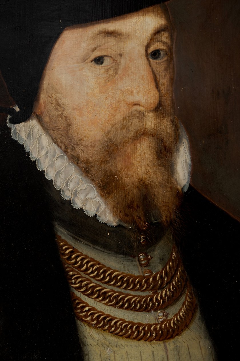 Sir Thomas Gresham (n. 1518-1579), n. 1518-1579 (öljy paneelille) tekijältä Steven van der (attr. to) Meulen