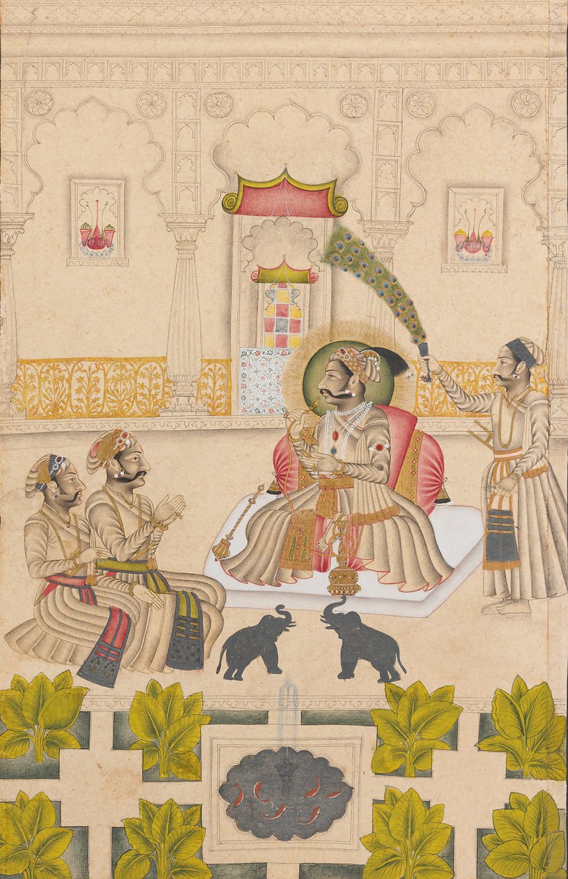 Maharana Amar Singh II on esillä kaksi hopeaelefanttia, n. 1705. tekijältä Stipple Master