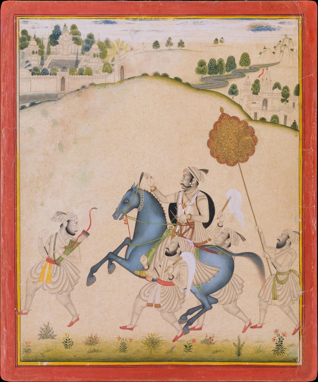 Maharana Amar Singh II ratsastaa jodhpur-hevosella, n. 1700-1710. tekijältä Stipple Master