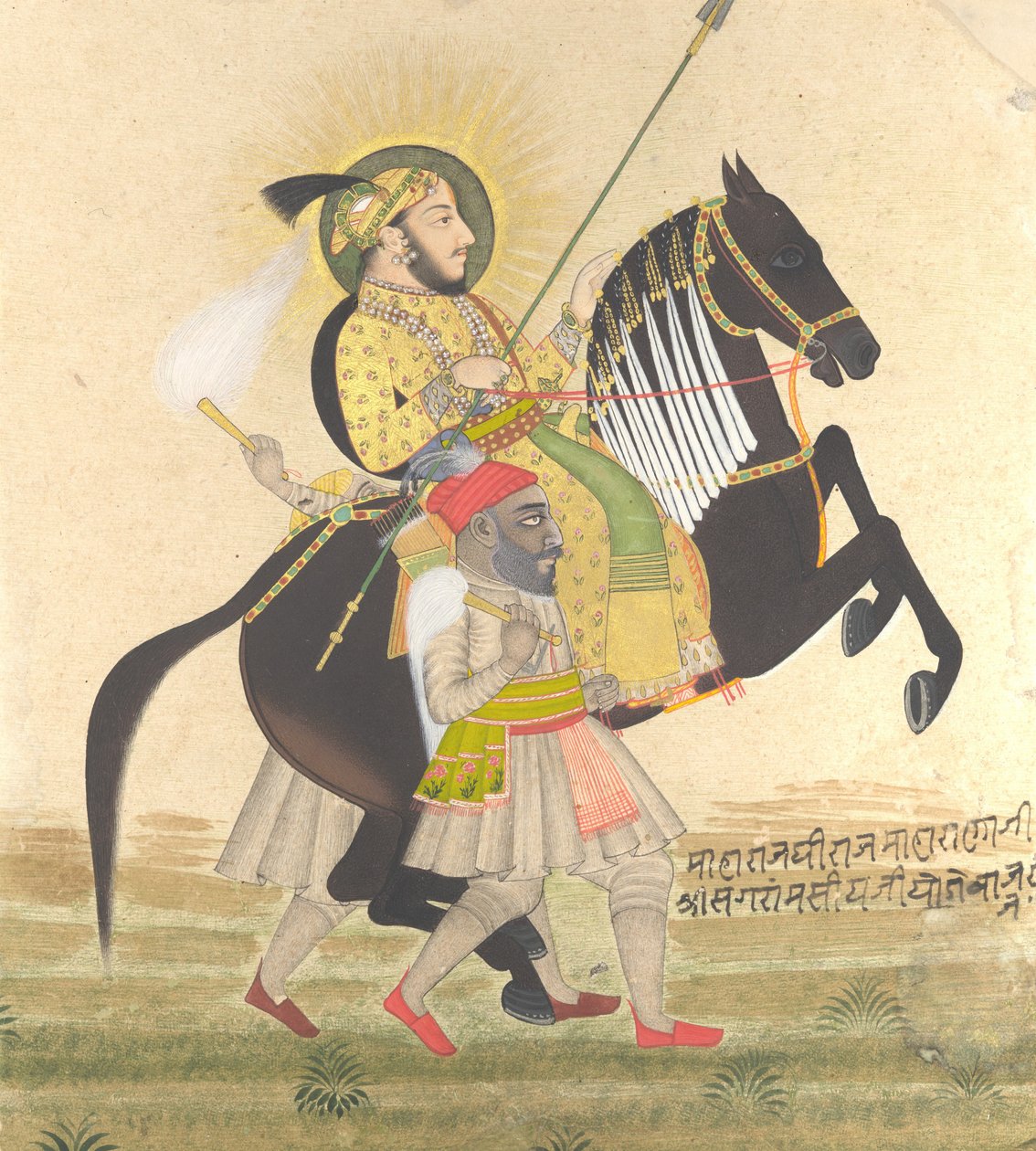 Maharana Sangram Singh ratsastaa palkintoorilla, n. 1712. tekijältä Stipple Master