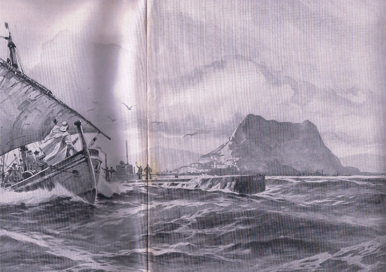 Saksalainen sukellusvene matkalla Gibralterin salmien läpi matkalla Dardenelleille, Pubista The Illustrated History of the World War 1914-1915. kirjoittanut Union Berlagsefellfchaft tekijältä Willy Stoewer 