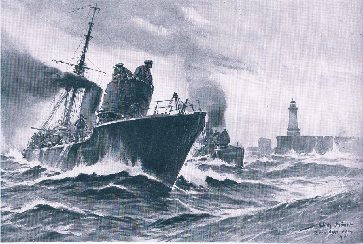 Partioveneet ja miinanraivaajat purjehtivat ulos Zeebruggen satamasta The Illustrated History of the World War 1914-1915 -pubista. kirjoittanut Union Berlagsefellfchaft tekijältä Willy Stoewer 