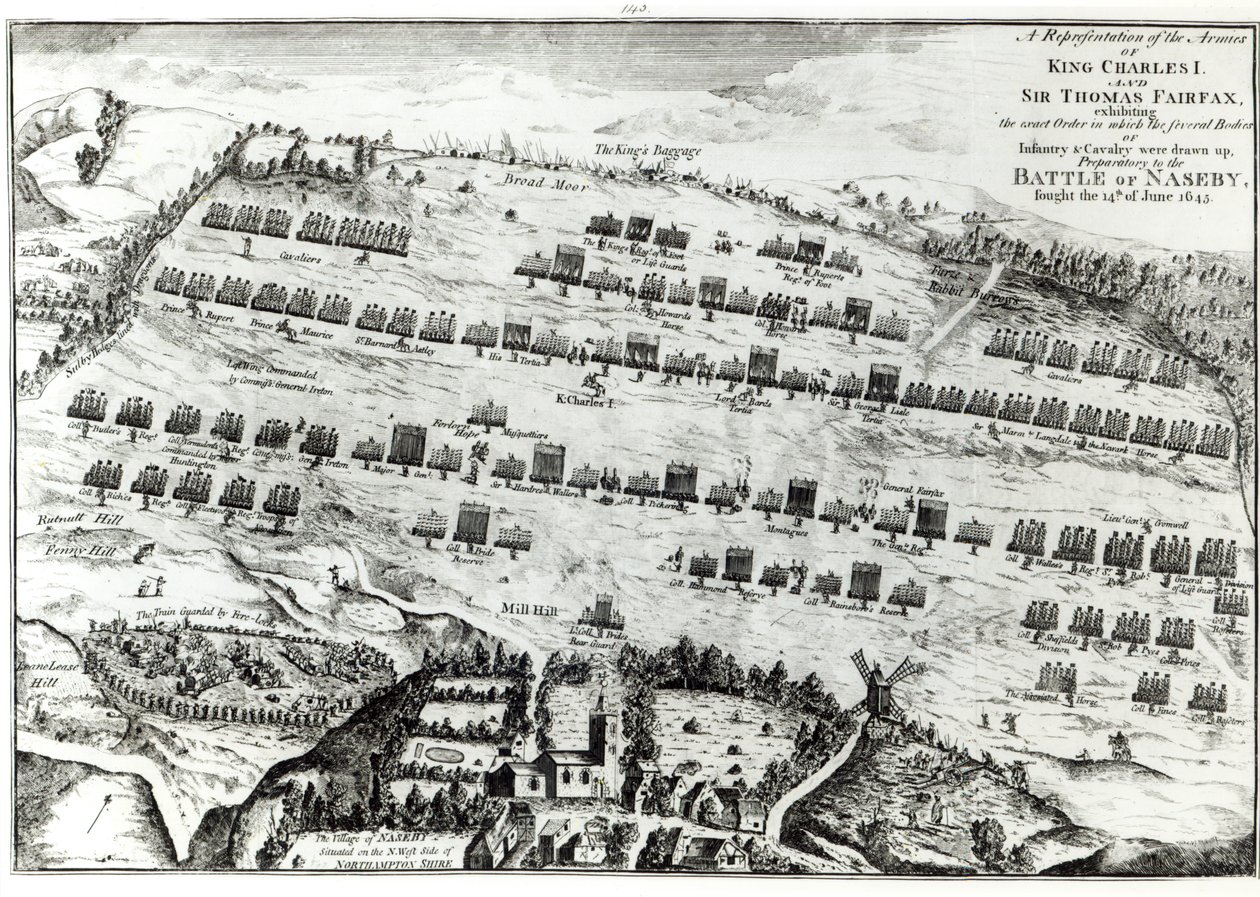 Valmistelu Nasebyn taisteluun, joka käytiin 14. kesäkuuta 1645, julkaissut John Mastinin julkaisussa The History and Antiquities of Naseby, 1792 tekijältä Streeter