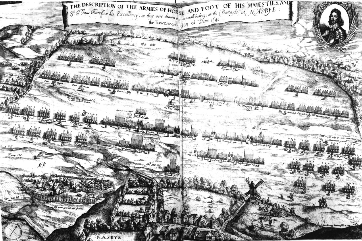 Kuvaus hänen majesteettinsa hevos- ja jalkaväestä Nasebyn taistelussa 14. kesäkuuta 1645, julkaistu ensimmäisen kerran Joshua Spriggen vuonna 1647 julkaisemassa Anglia Redivivassa. tekijältä Streeter