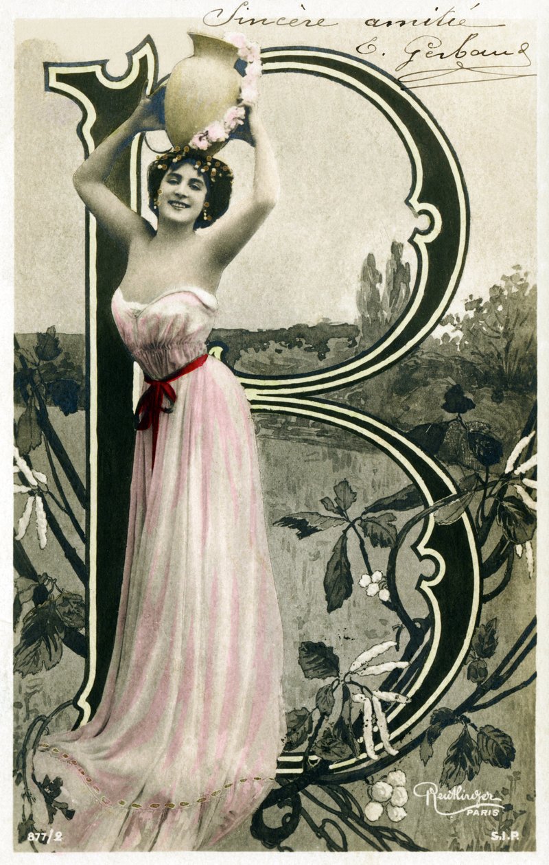 B: Bianca Toledo, taiteilija, laulaja ja sevillalainen tanssija Belle Epoquesta - Casino de Paris, Folies Bergere, Jardin de Paris - Aakkoset postikortissa tekijältä Studio Reutlinger