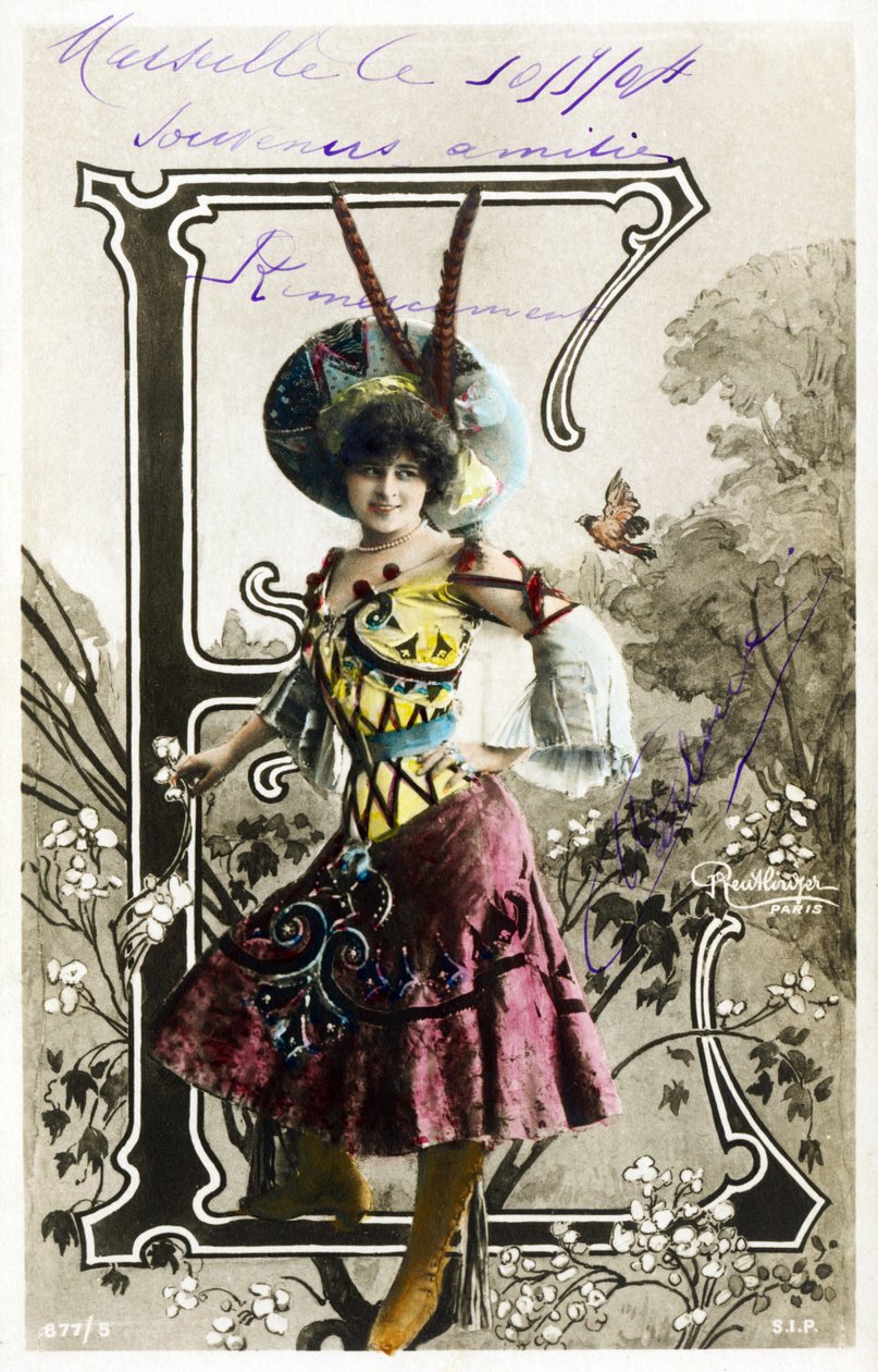 E : Constance Elise De Vere, ranskalainen näyttelijä, englantilainen, syntynyt Belgiassa - Theatre Marigny, Pariisi - Aakkoset postikortissa tekijältä Studio Reutlinger